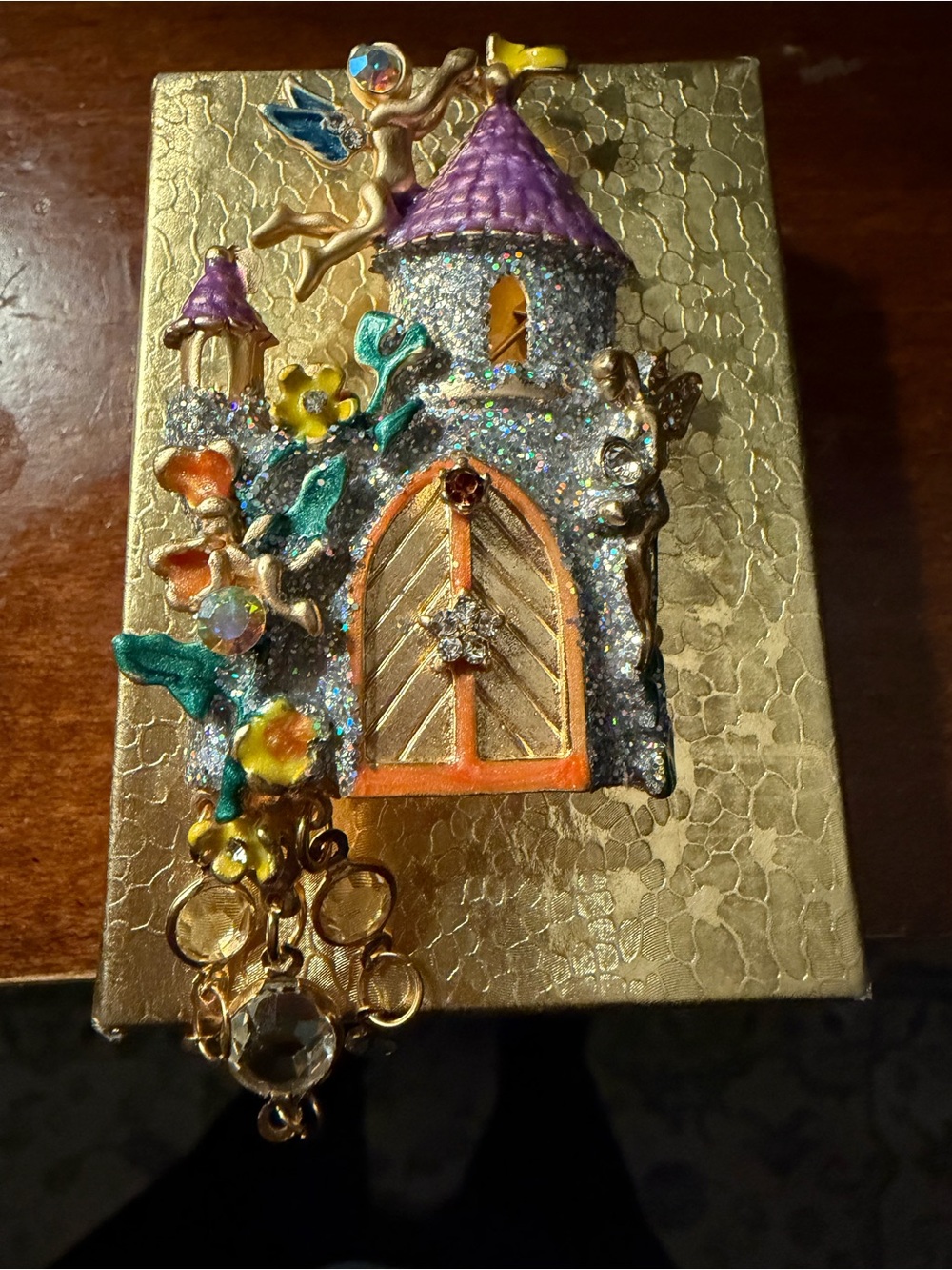 Handcrafted Gold Fairy Castle Brooch with Purple Roof and Multicolor Accents